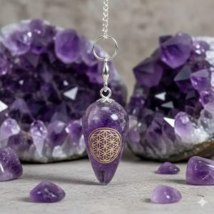 Pendolo in Ametista a goccia con Fiore della Vita