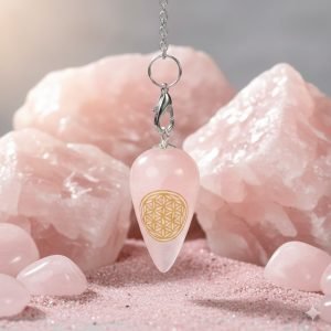 Pendolo in Quarzo rosa a goccia con Fiore della Vita